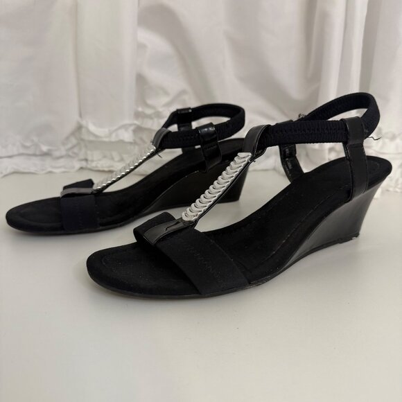 Laura Scott Black Wedge Sandals With Silver Accent & Elastic Straps Size 9 - Picture 4 of 6